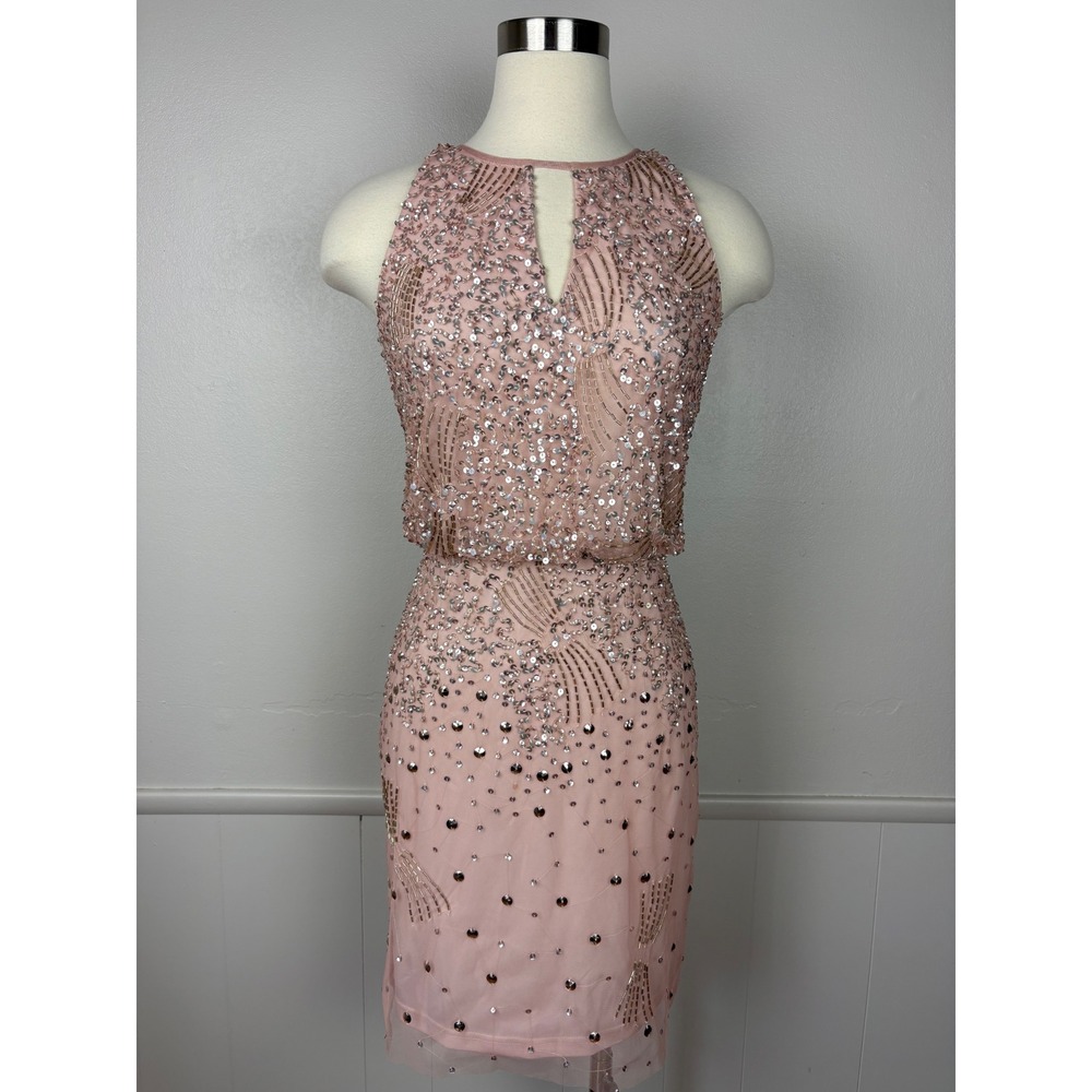 Adrianna Papell Beaded Tank Short Blouson Dress Sz 6 NWT Keyhole Neck Blush Pink